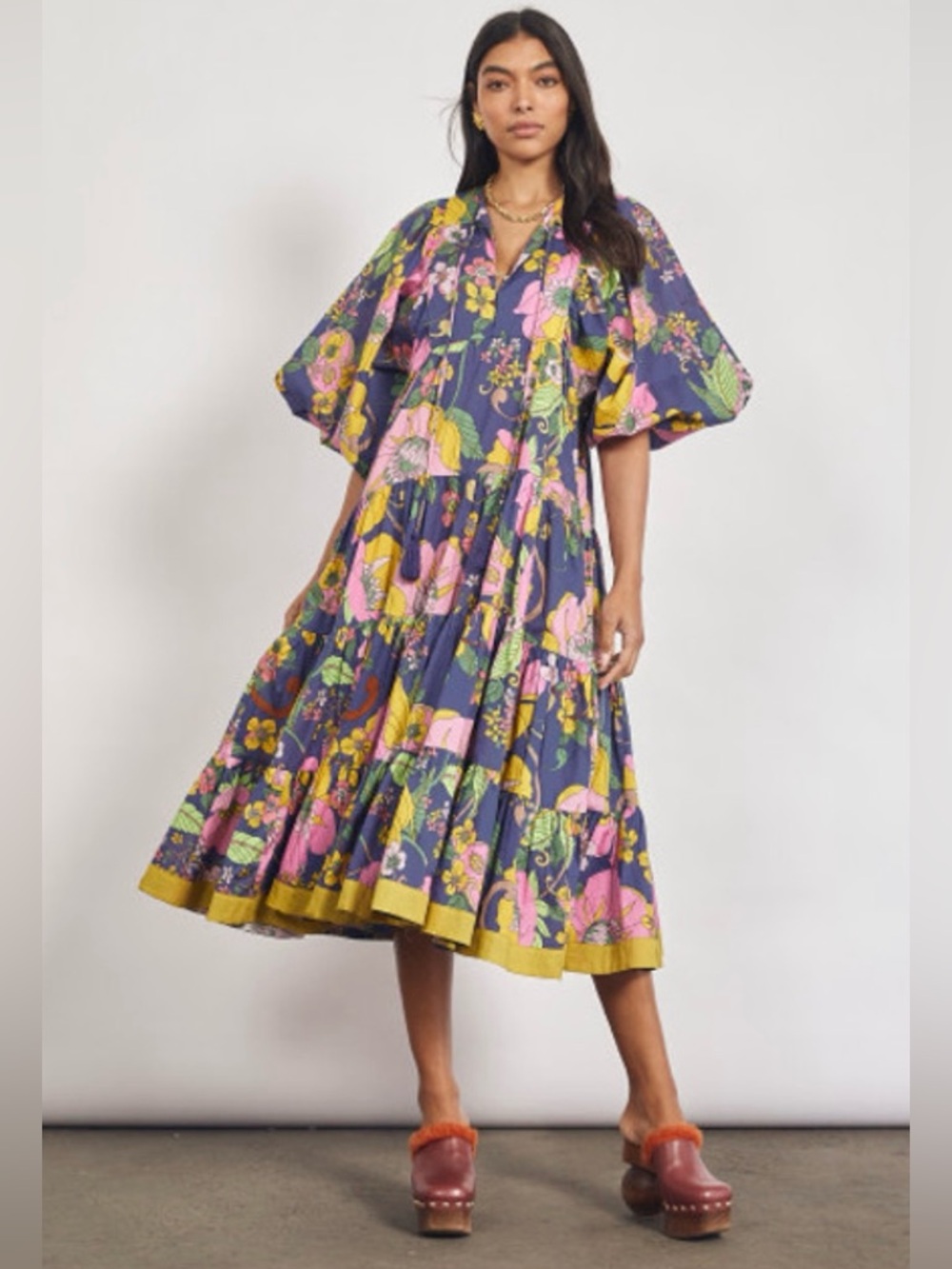 BOHEMIAN TRADERS 1X-3X Floral Maxi Vivid Opera Shirt Dress India Ink tiered